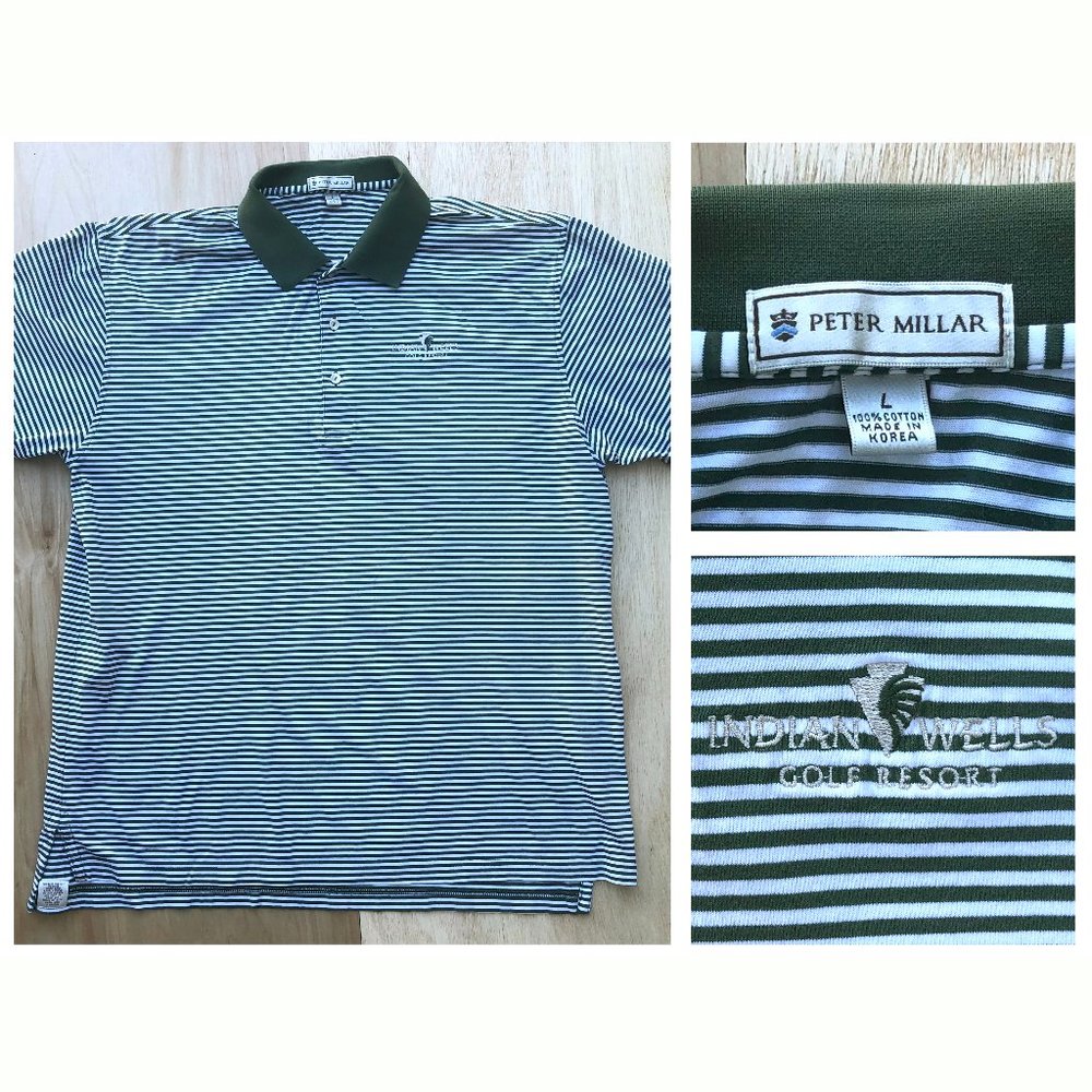 PETER MILLAR INDIAN WELLS Men's Green Striped Soft Cotton Golf Polo Shirt sz L